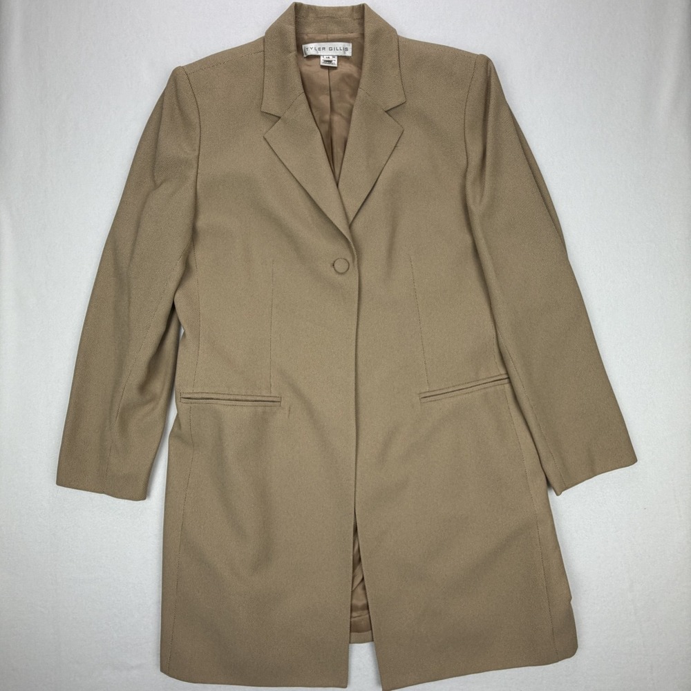 Tyler Gillis Vintage Womens Tan Textured Longline Single Button Blazer Size 14